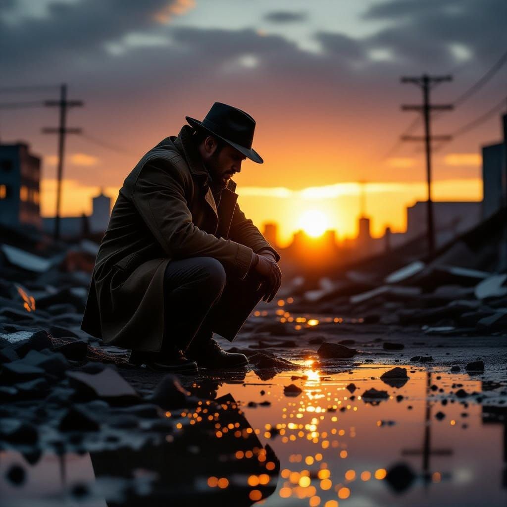 Weary Detective Kneels in City Rubble at Sunset