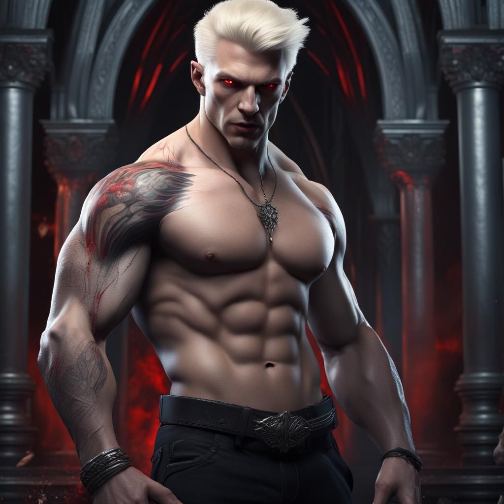 Muscular Vampire Male with Red Eyes, Detailed Digital Art