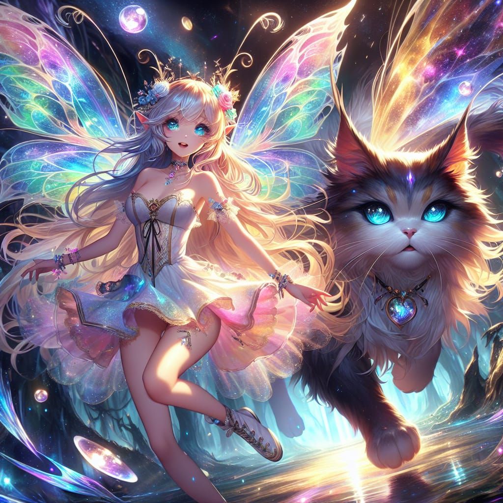 An anime very beautiful fairy with delicate, shimmering wing...