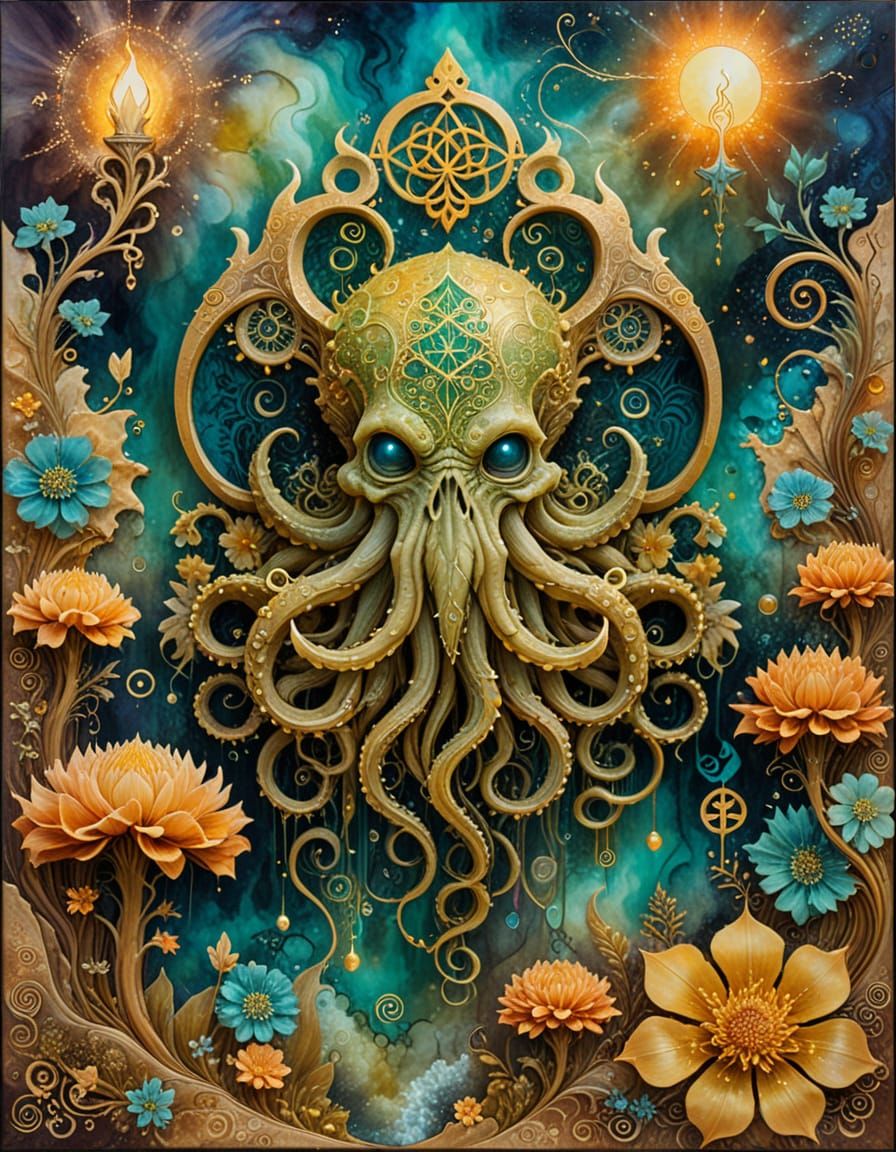 Dreamlike Cthulhu in Surrealist Alcohol Ink Painting