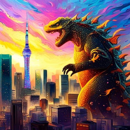 Godzilla walking in Tokyo