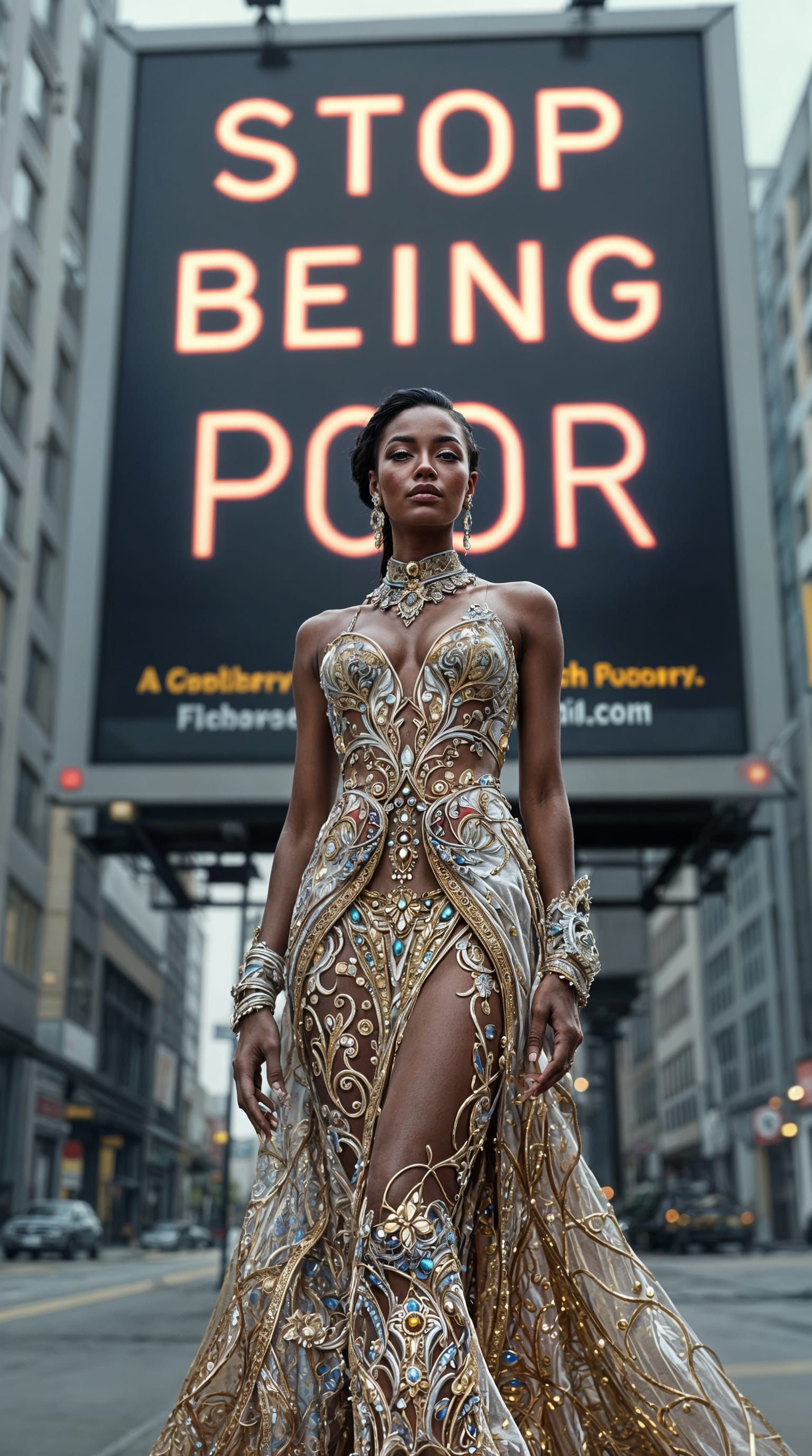 Portrait of Wealthy Woman with Billboard in Digital Art