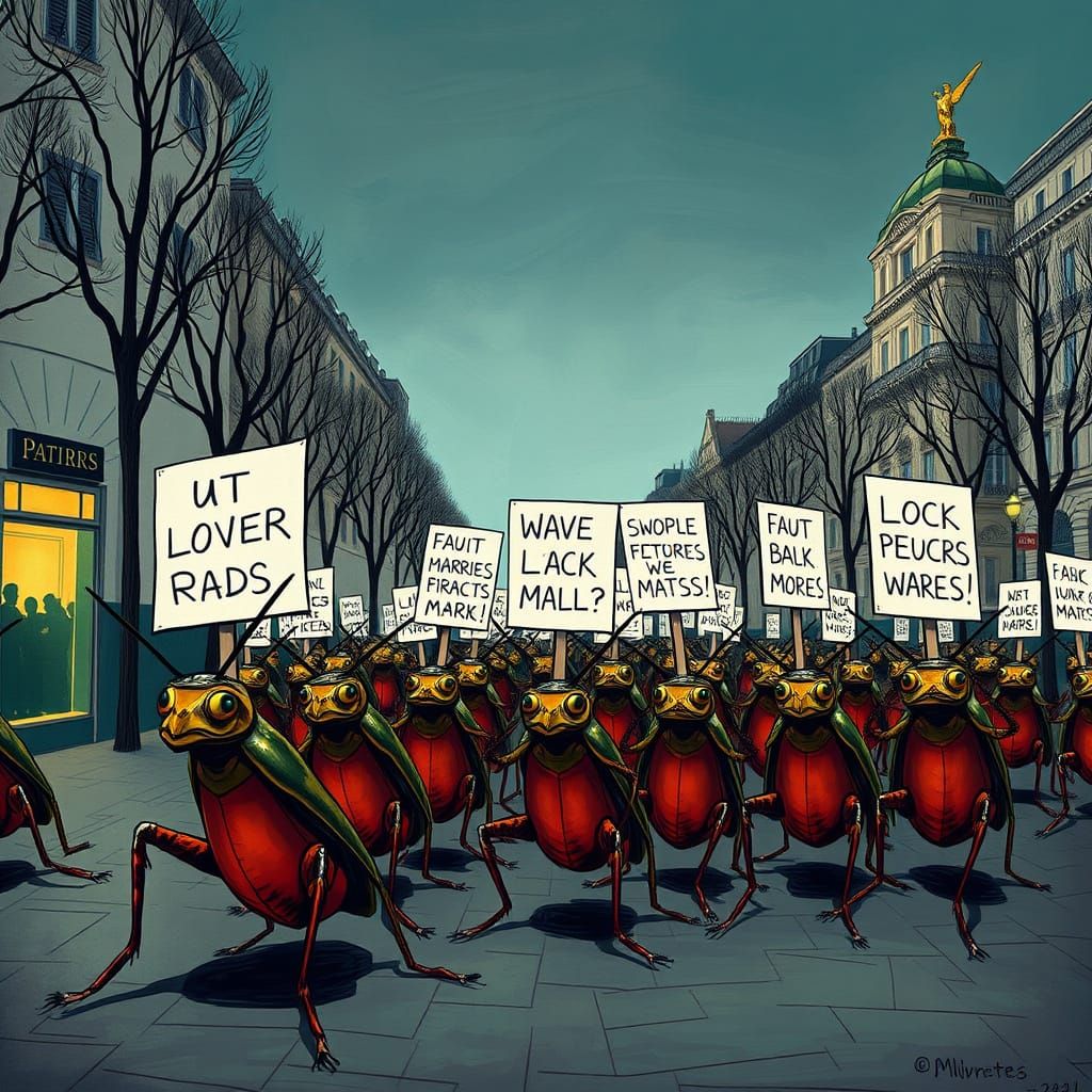 Whimsical Cockroaches Protest on Champs-Élysées in Vibrant D...
