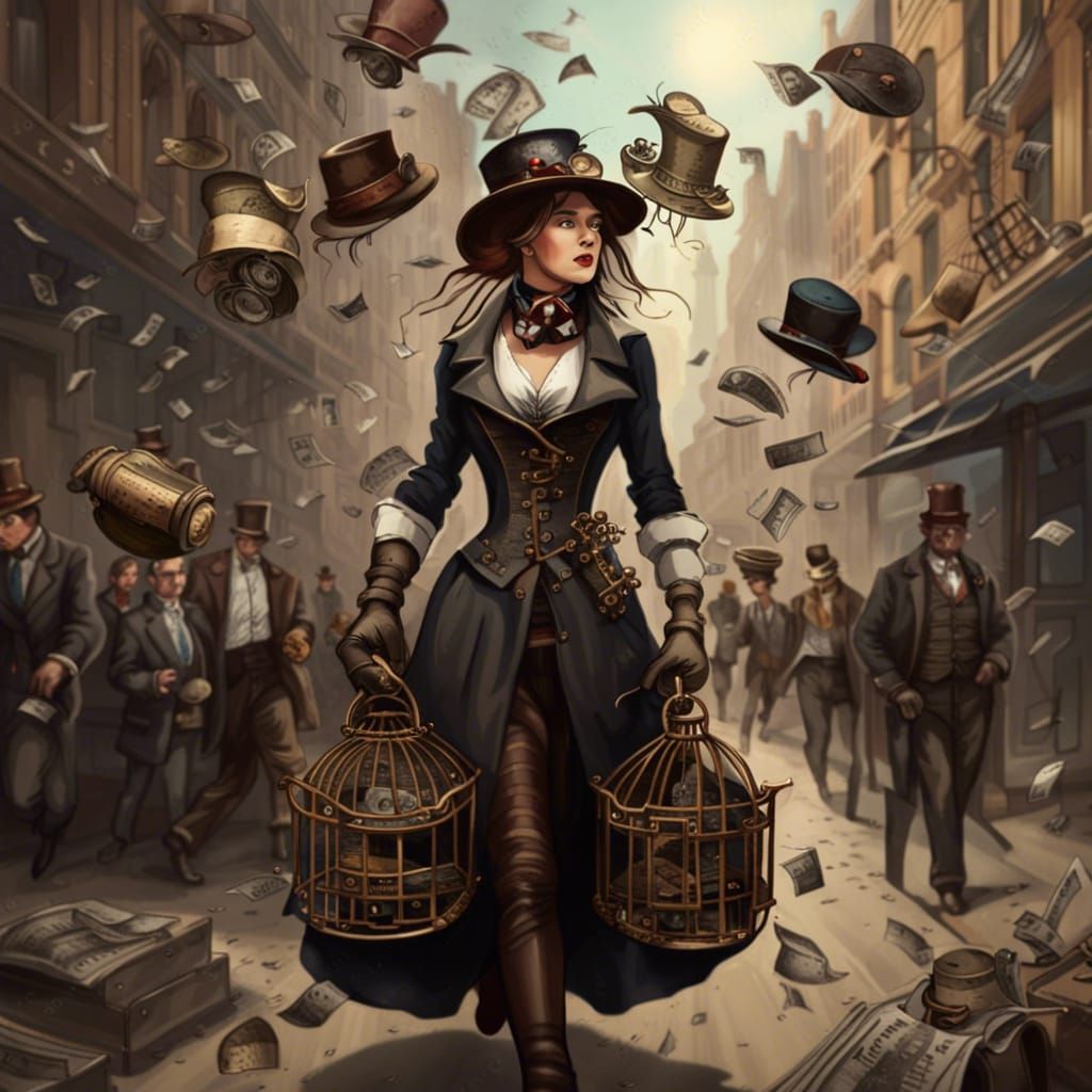 Steampunk Cityscape: Woman with Cage of Men