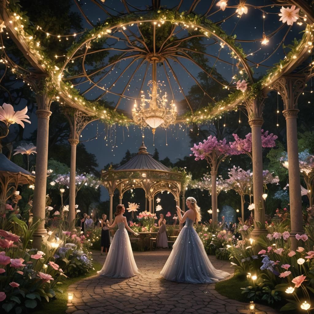 An elegant scene capturing a mystical midnight garden gala with enchanted flower beds, luminous fairy lights, and ornate...