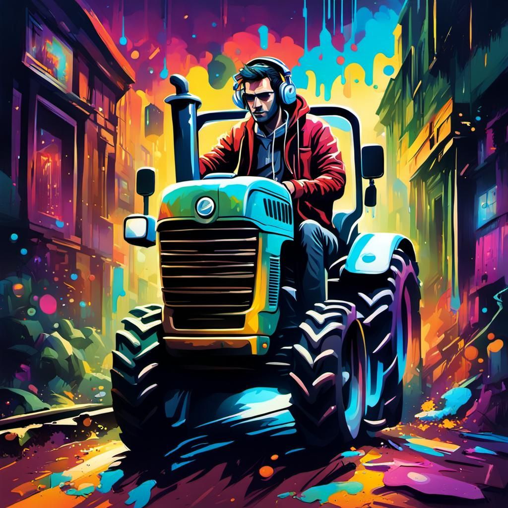 Tractor Graffiti Art in a Night Environment