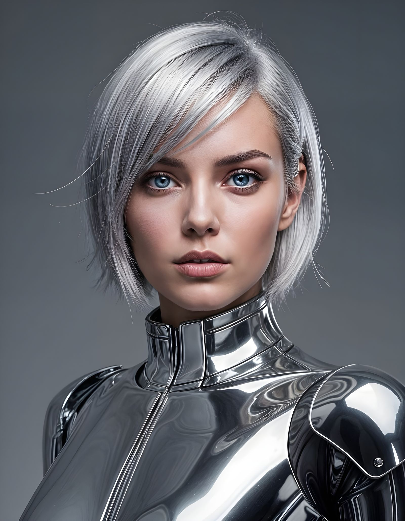 Futuristic Robot Woman in Chrome Metallic Finish