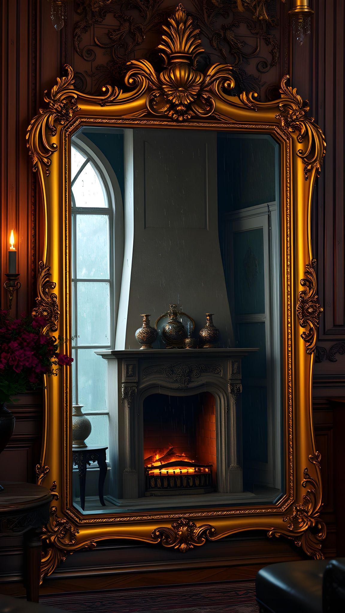 Vintage Mirror Reflects Fireplace in Luxurious Room