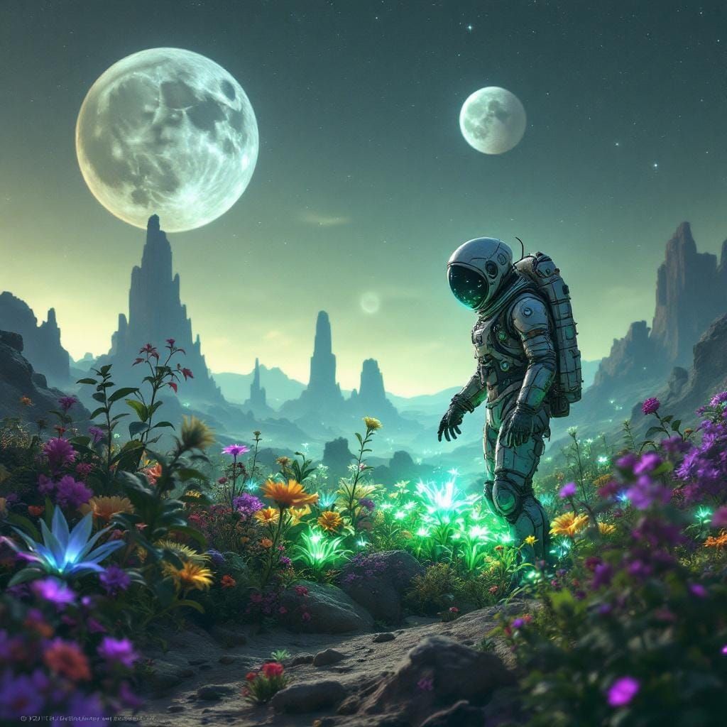 Astronaut and Bioluminescent Garden on Alien Planet