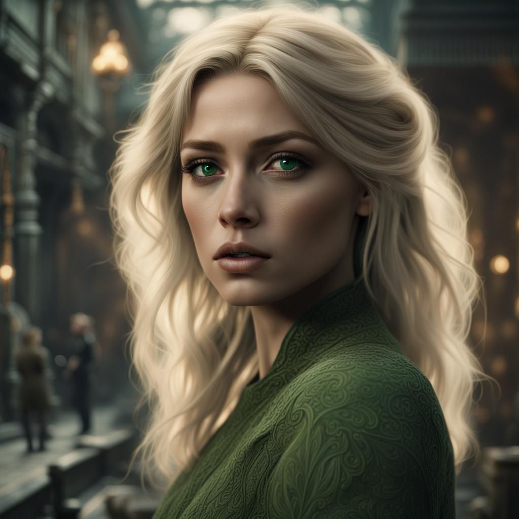 Ash-blonde with green eyes