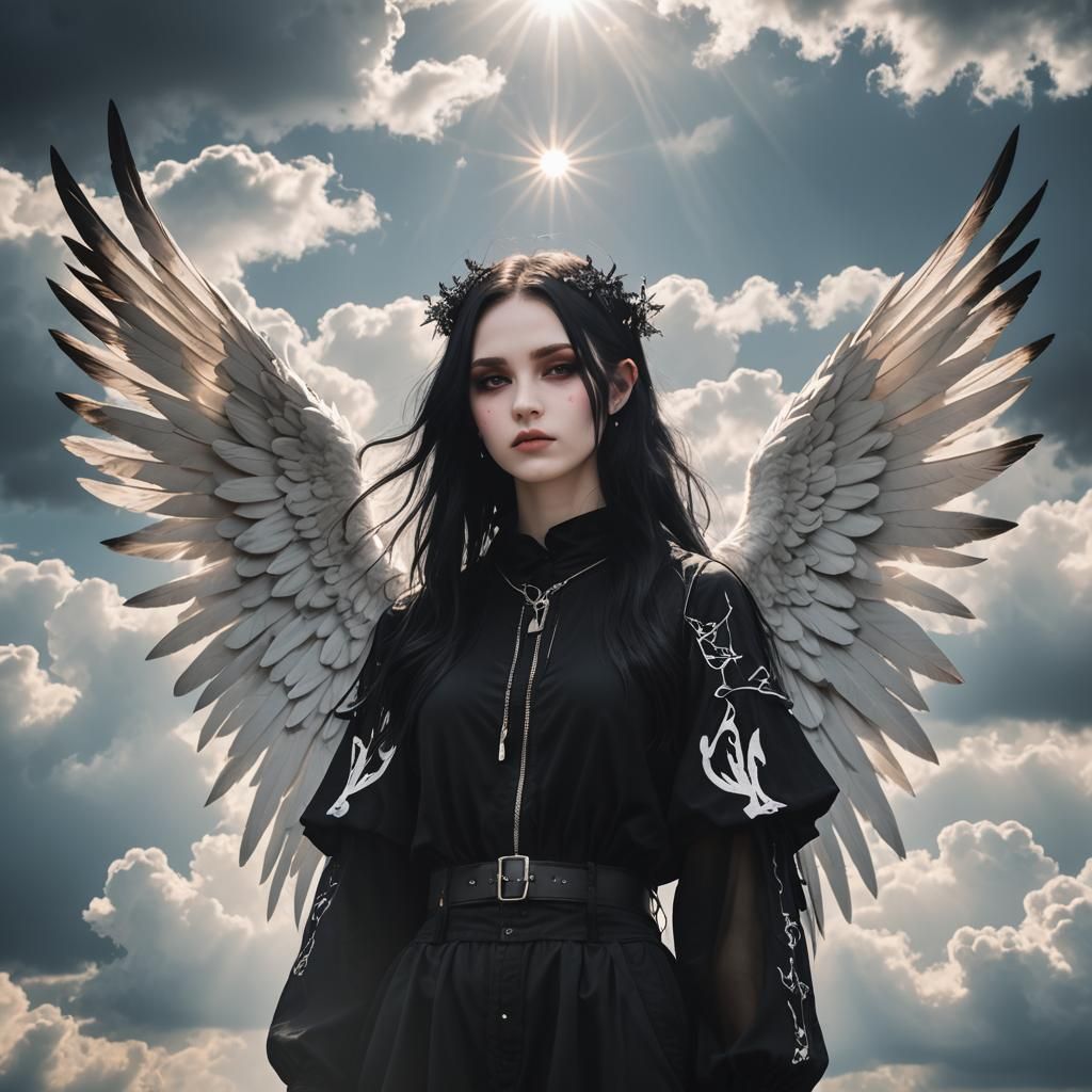 Gothic Girl with White Wings in Divine Light