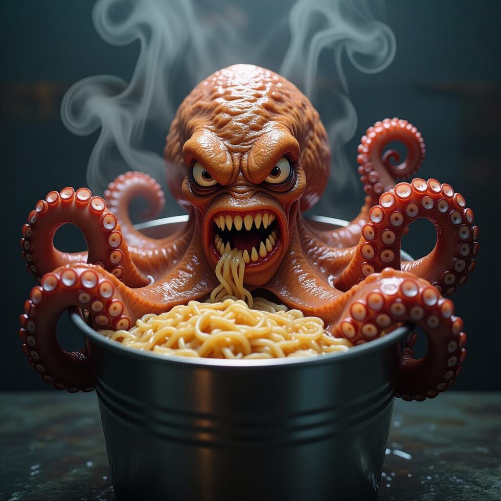 Angry Octopus Cooks Ramen in Boiling Water