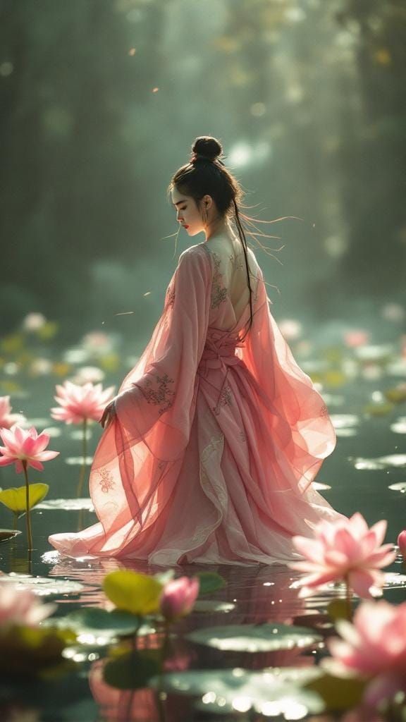 Kungfu Warrior in Lotus Pond, Chinese Ink Painting