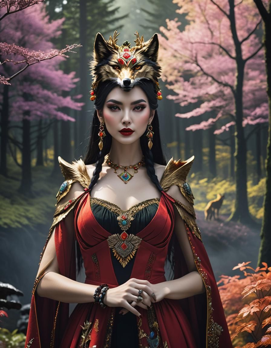 Shaman in Forest with Wolf Cloak, Hyperdetailed