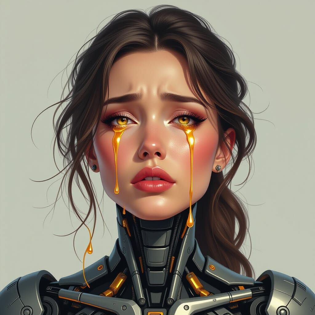 Cyborg Woman Crying Gold Tears: Hyperrealistic Portrait
