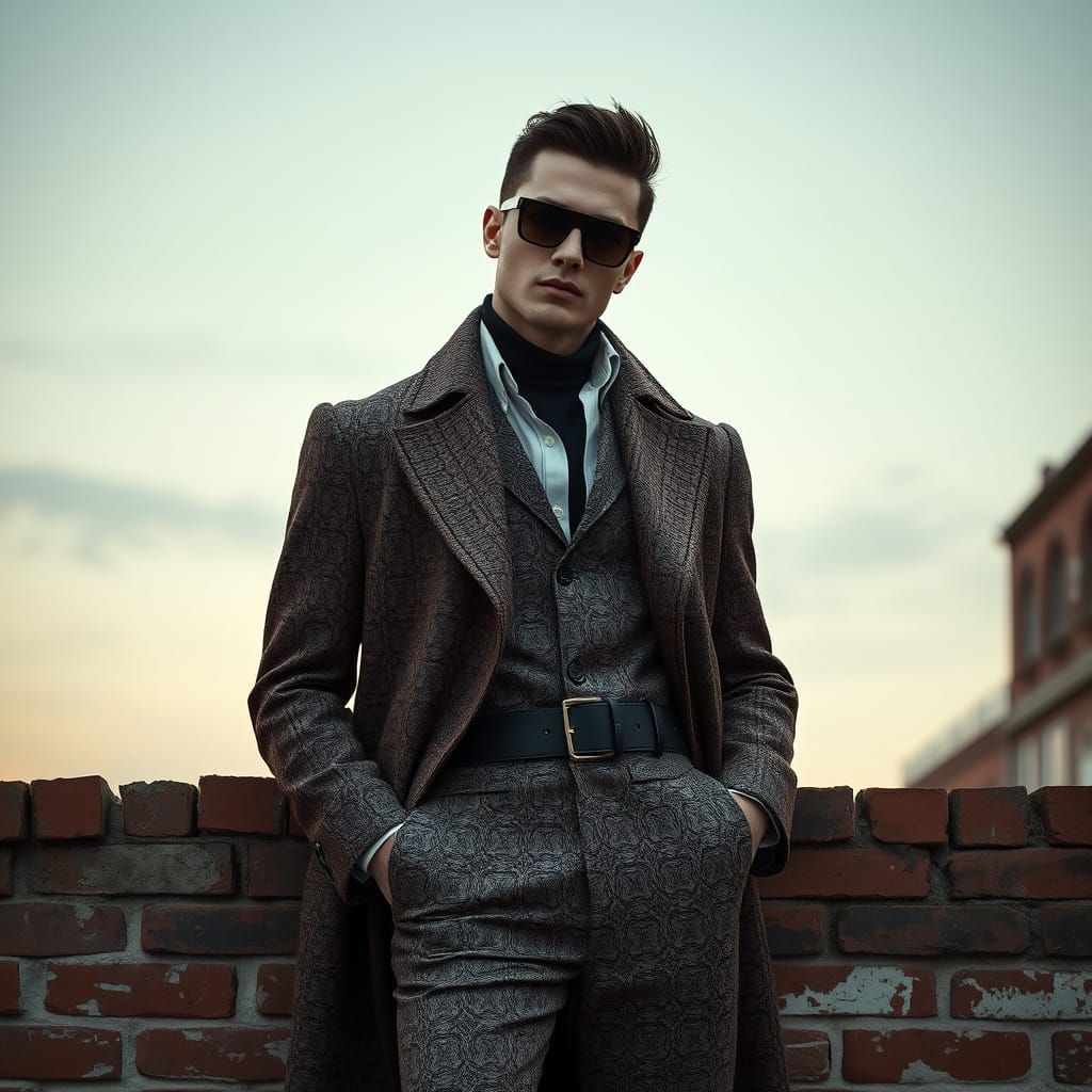 Stylish Male Model on Weathered Brick Wall in Cinematic Styl...