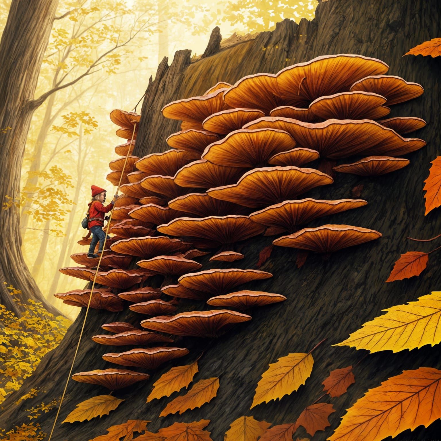 Dwarf Climbs Chicken of the Woods Fungus