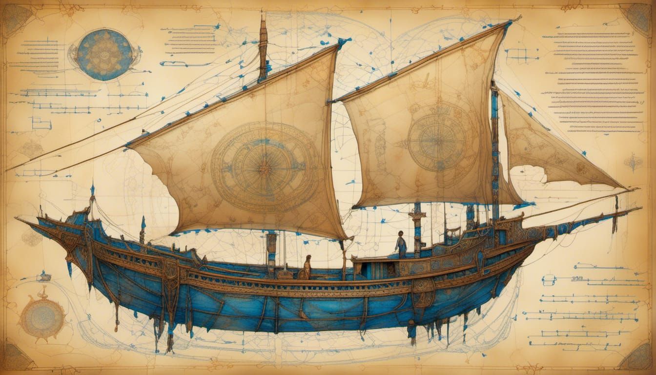 Futuristic Dhow Ship Blueprint on Weathered Parchment
