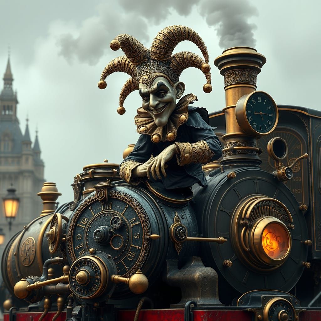 Steampunk Jester Riding Brass-Plated Steam Train Engine