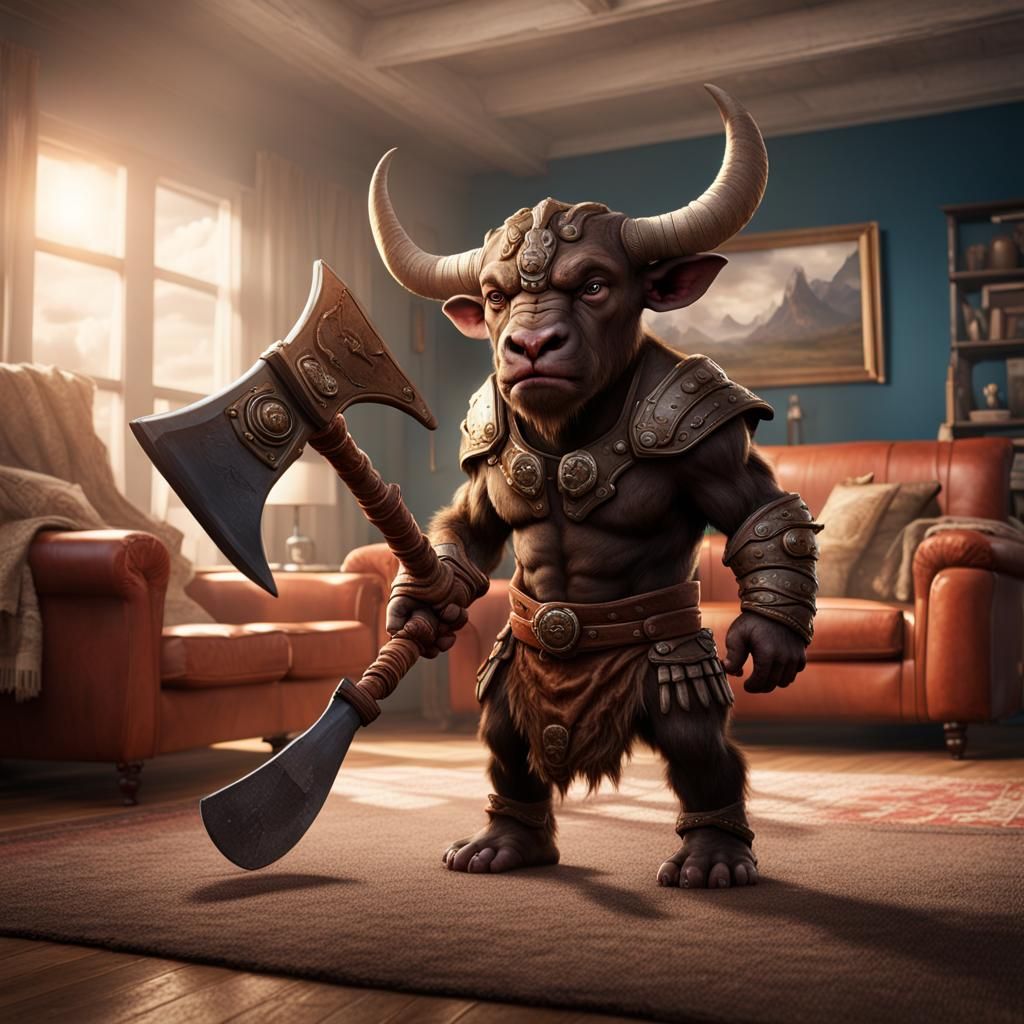 Baby Minotaur with Axe, Detailed Matte Painting
