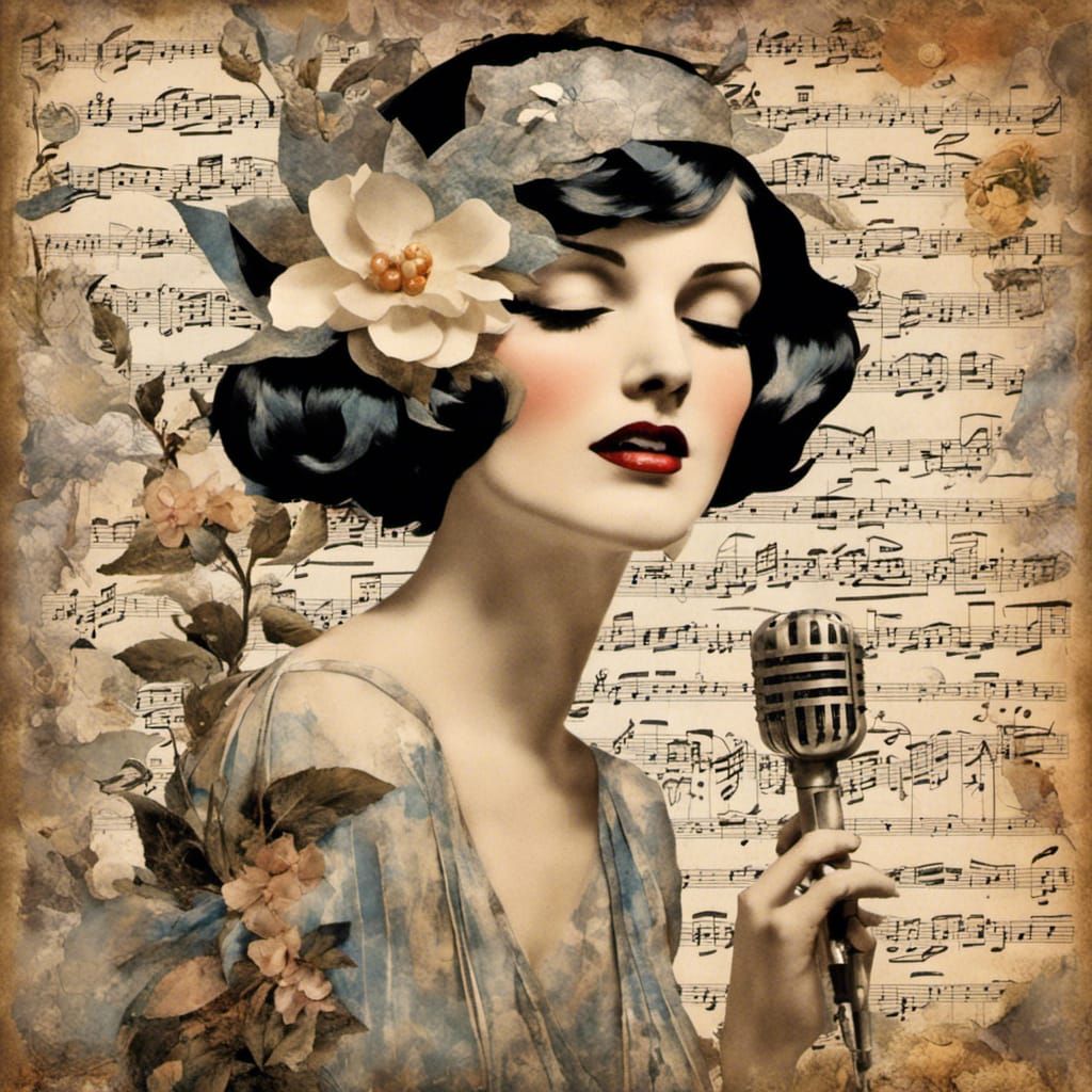 Elegant Jazz Singer in Mixed Media Collage Style