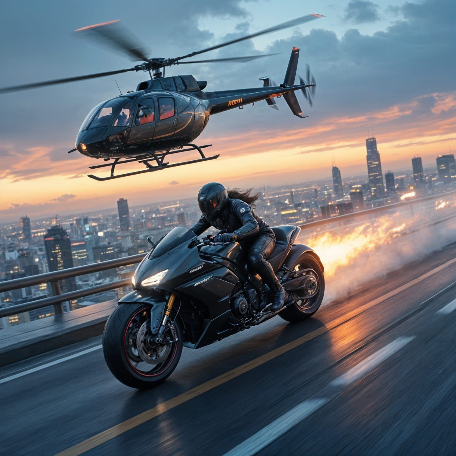 Cyberpunk Rider Pursued Across City Rooftops