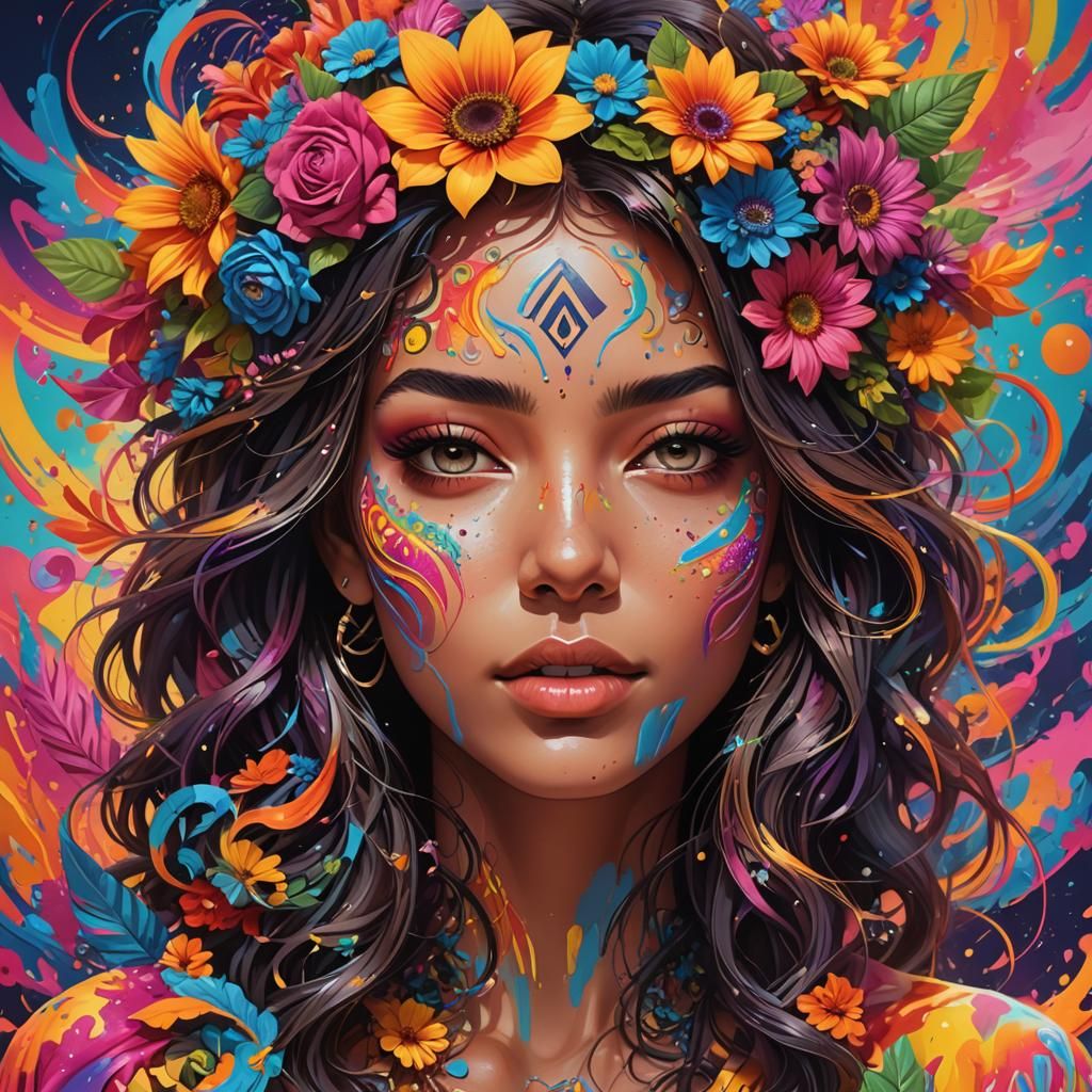 Psychedelic Portrait with Flower Power Motifs