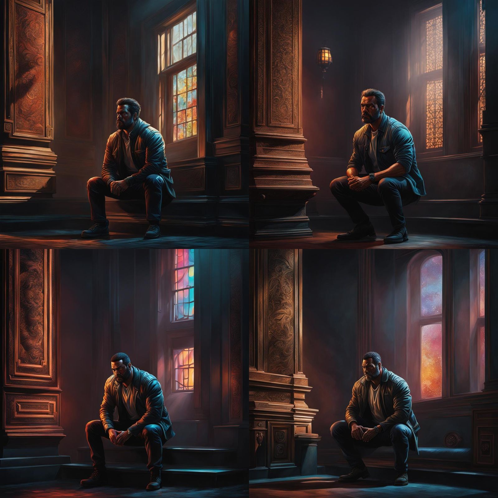 Sulking Man in Corner: Hyperrealistic Splash Art