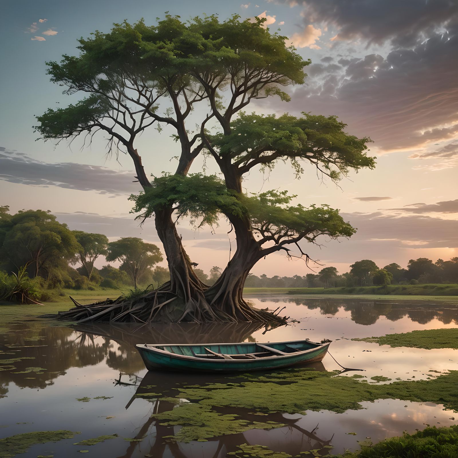 Orinoco River Sunrise with Solitary Boat