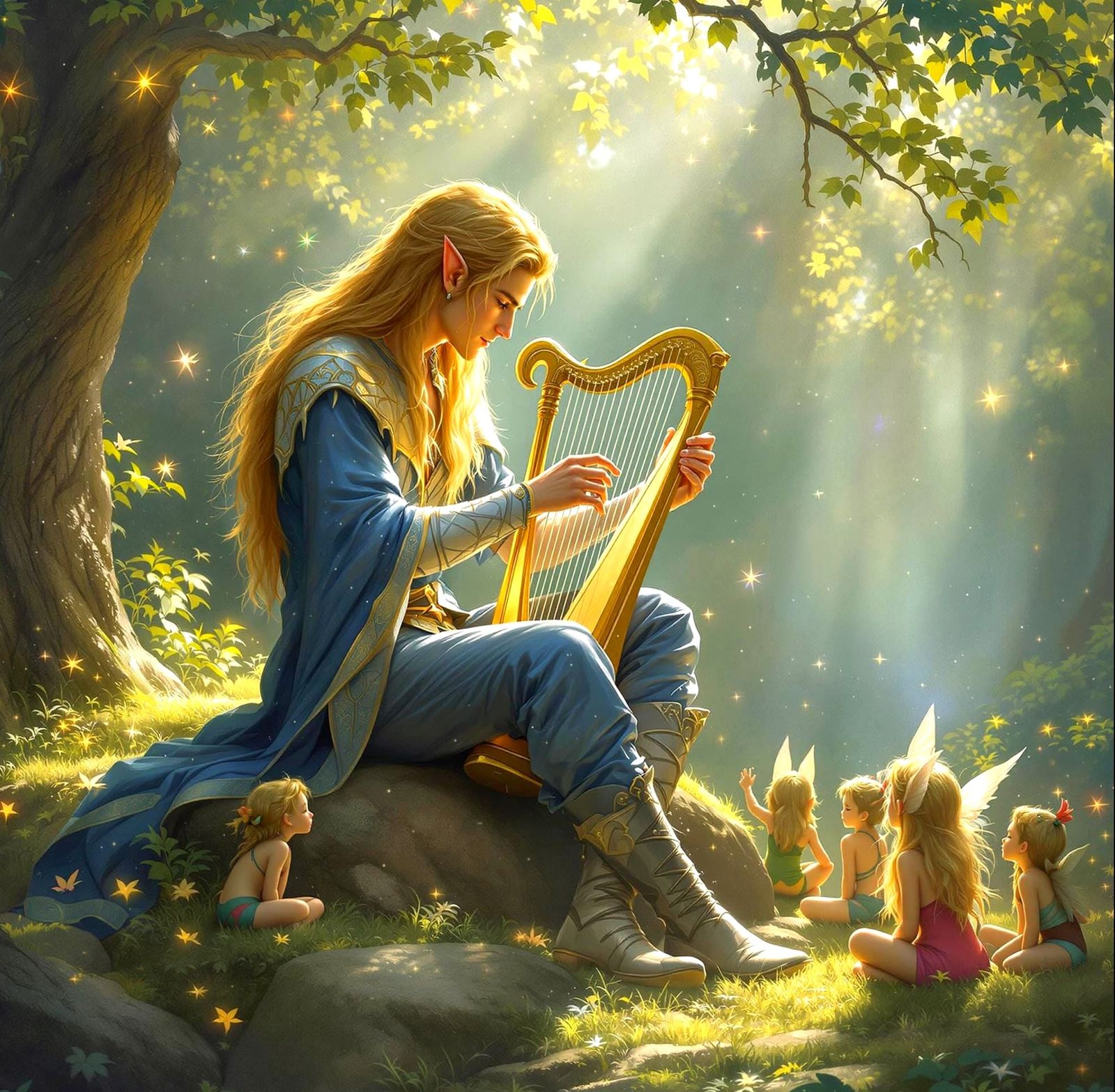 Ethereal Elf Seated in Whimsical Forest Glade