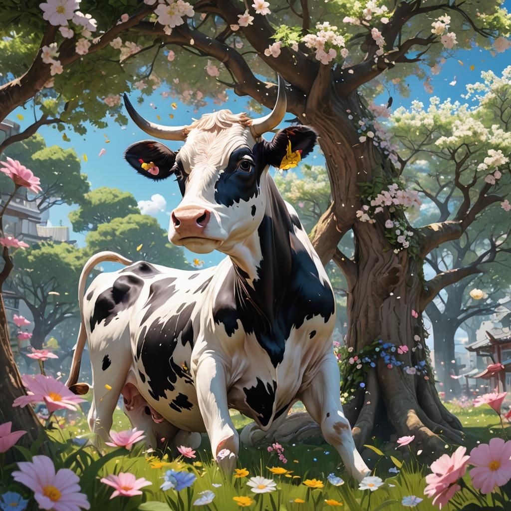 Cow in Flowery Meadow: 3D Anime Art