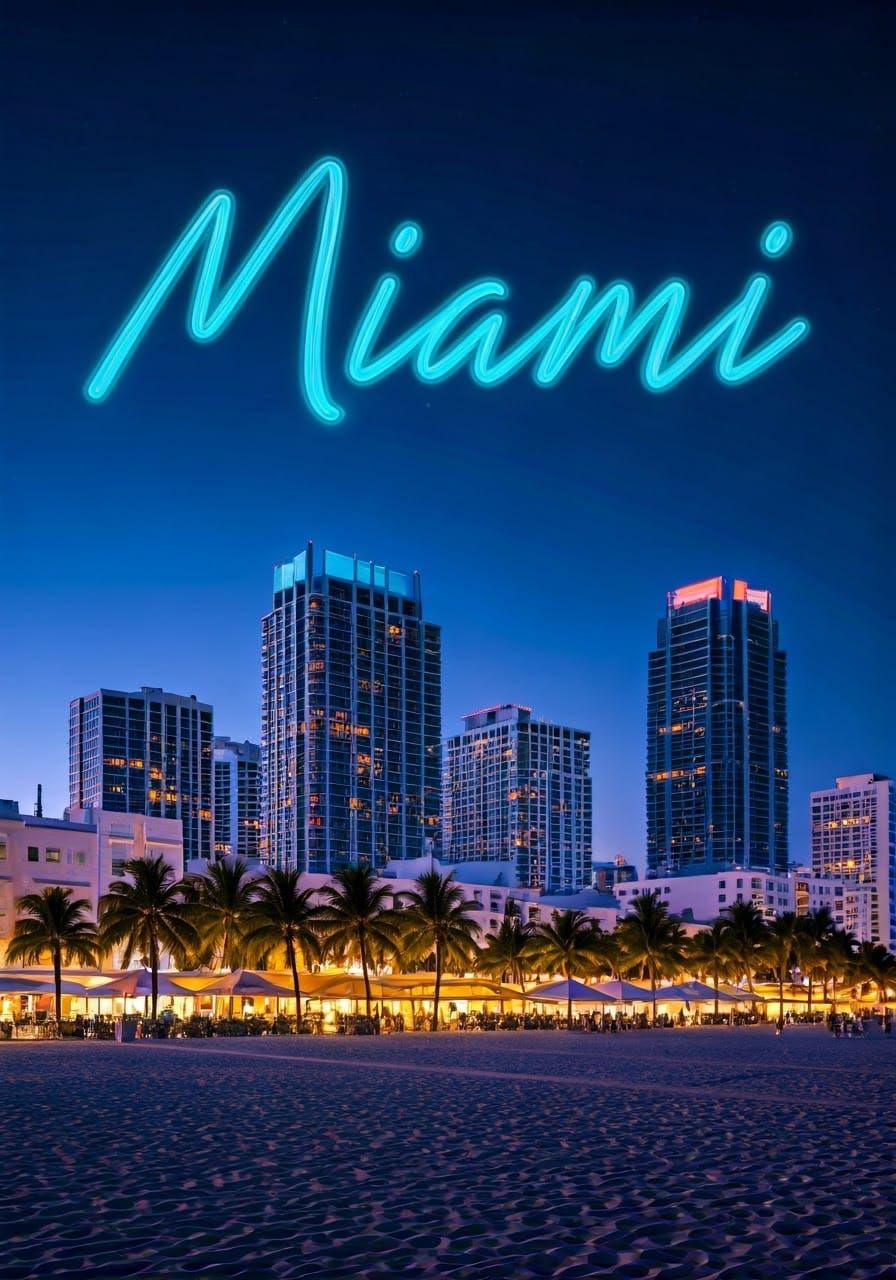 Miami Beach at Dusk with Neon Typography