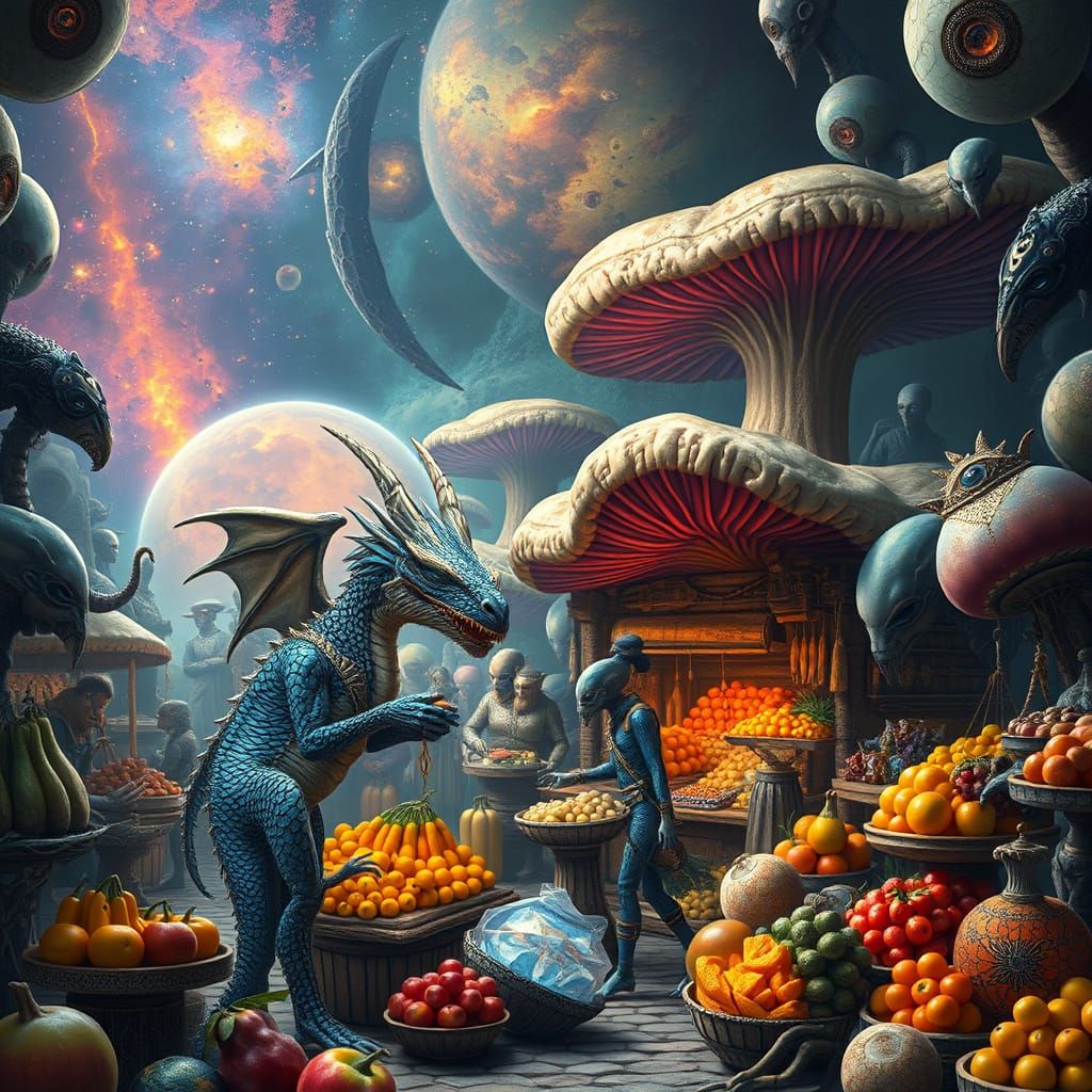 Alien Market with Celestial Dragon in Cosmic Colors