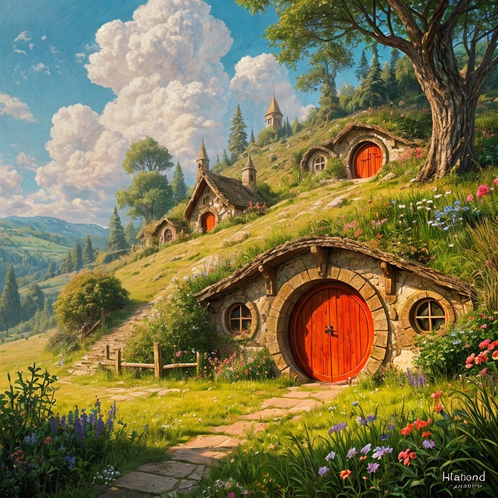 Enchanted Hobbit Village as Overdetailed Oil Painting