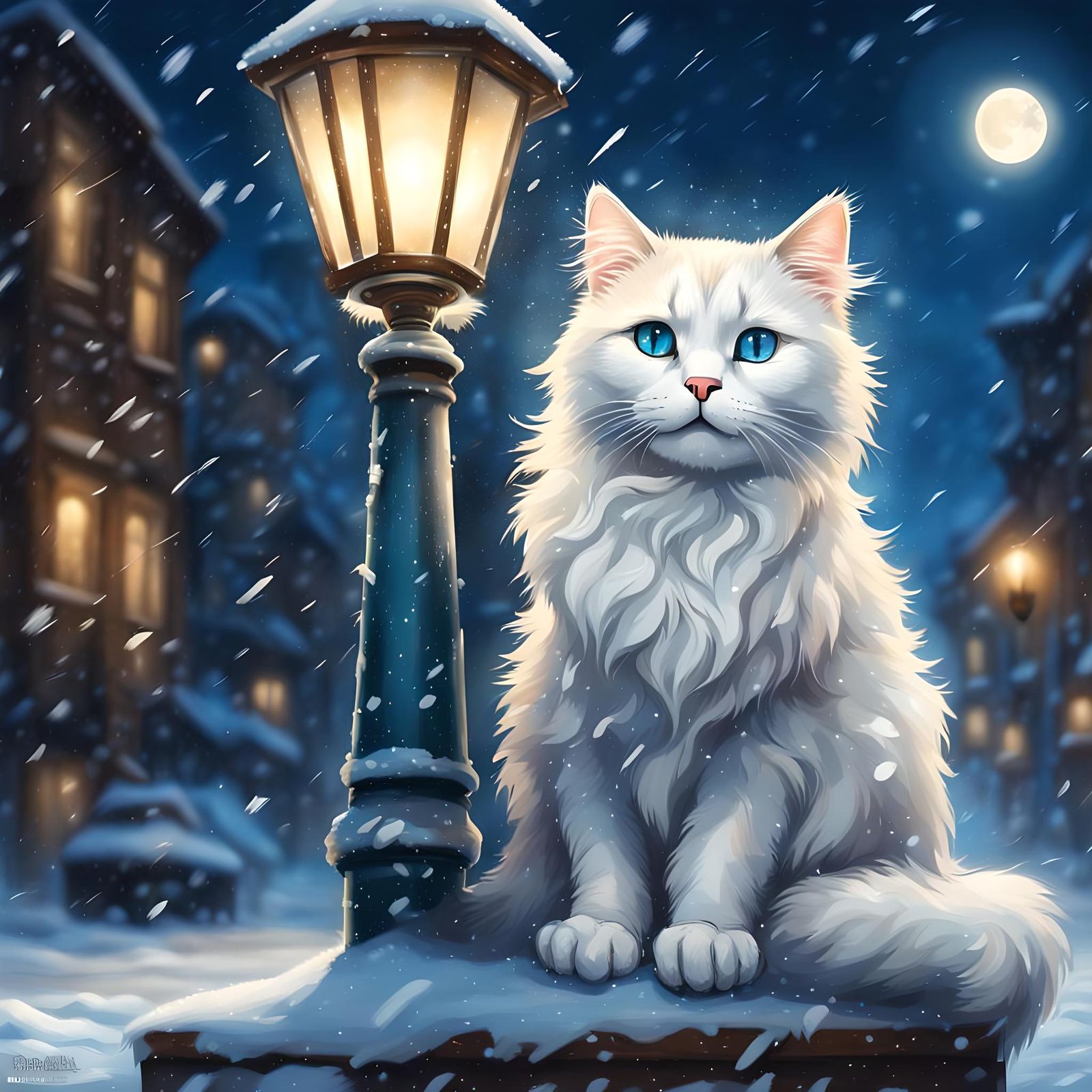 Shivering White Cat in Winter Snow, Hyperrealistic Art
