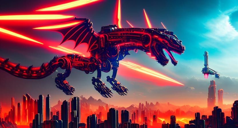 Cyberpunk Robot Dragon Soaring in Neon Cityscape