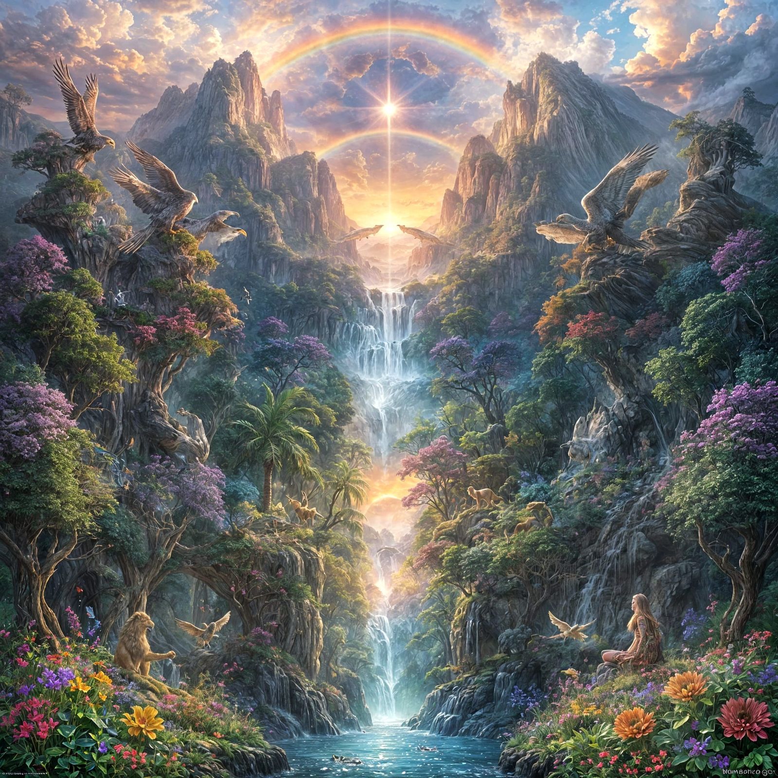 Geometric Rainbow Eagle and Lion Encounter in Cosmic Waterfa...