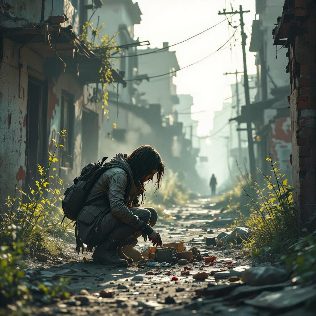Survivor Forages in Desolate Zombie Apocalypse Urban Wastela...
