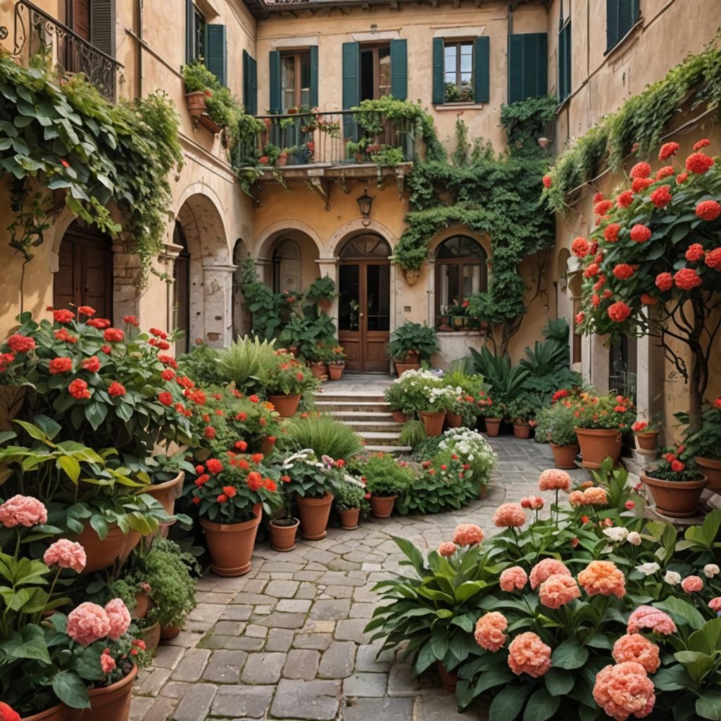 Idyllic Italian Villa Courtyard with Flowers