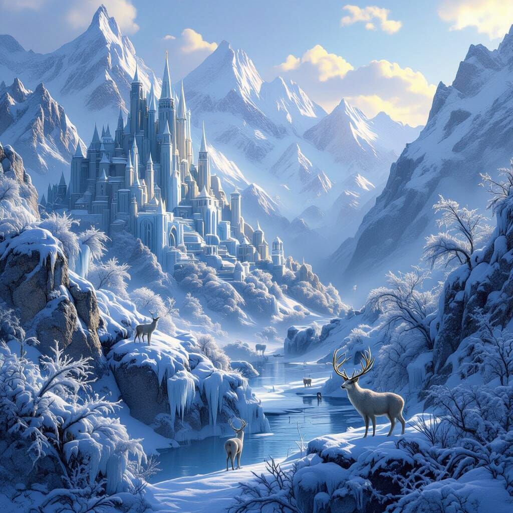Ethereal Elven Kingdom in Snowy Mountains