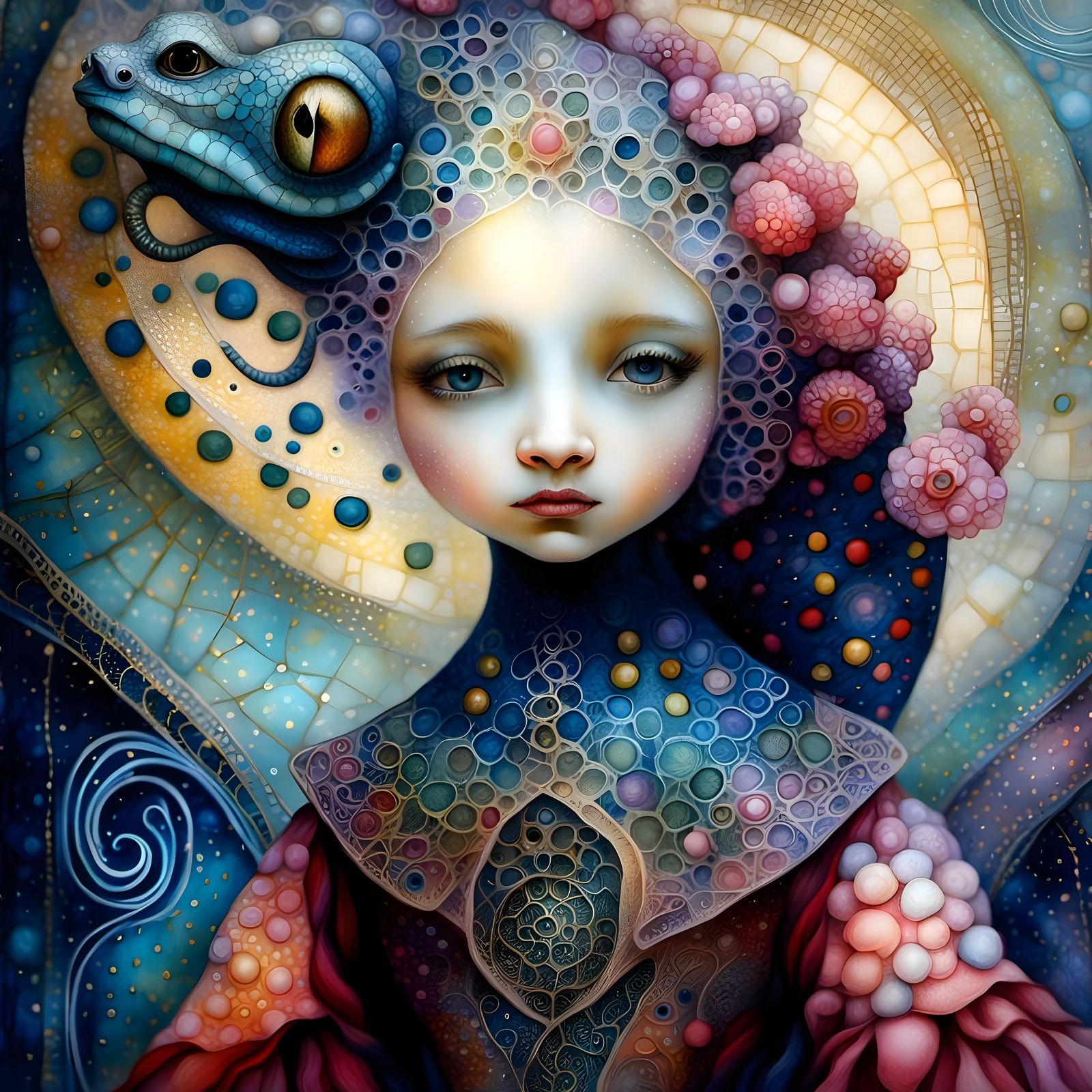 Surreal Toddler Embraces Alien Lizard in Postmodern Art