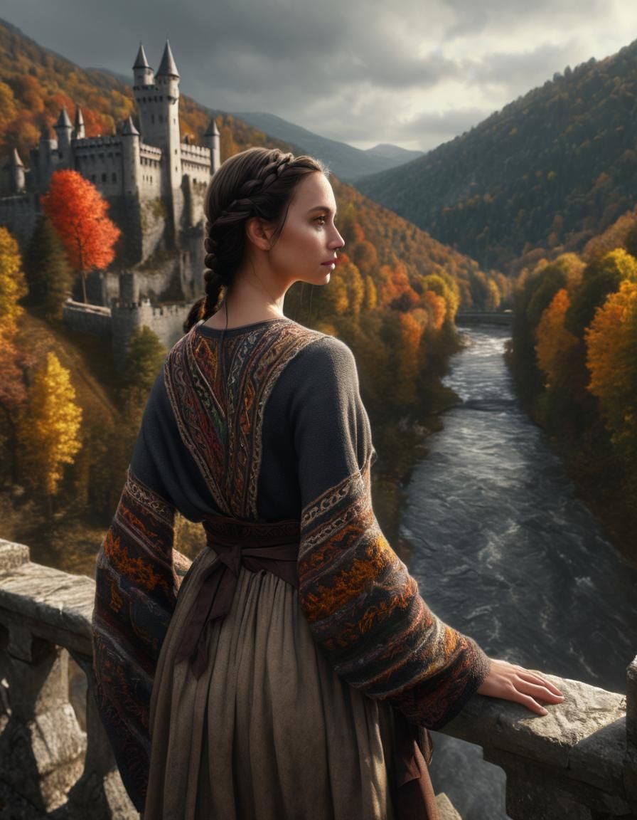 Renaissance Woman on Castle Battlements in Oil