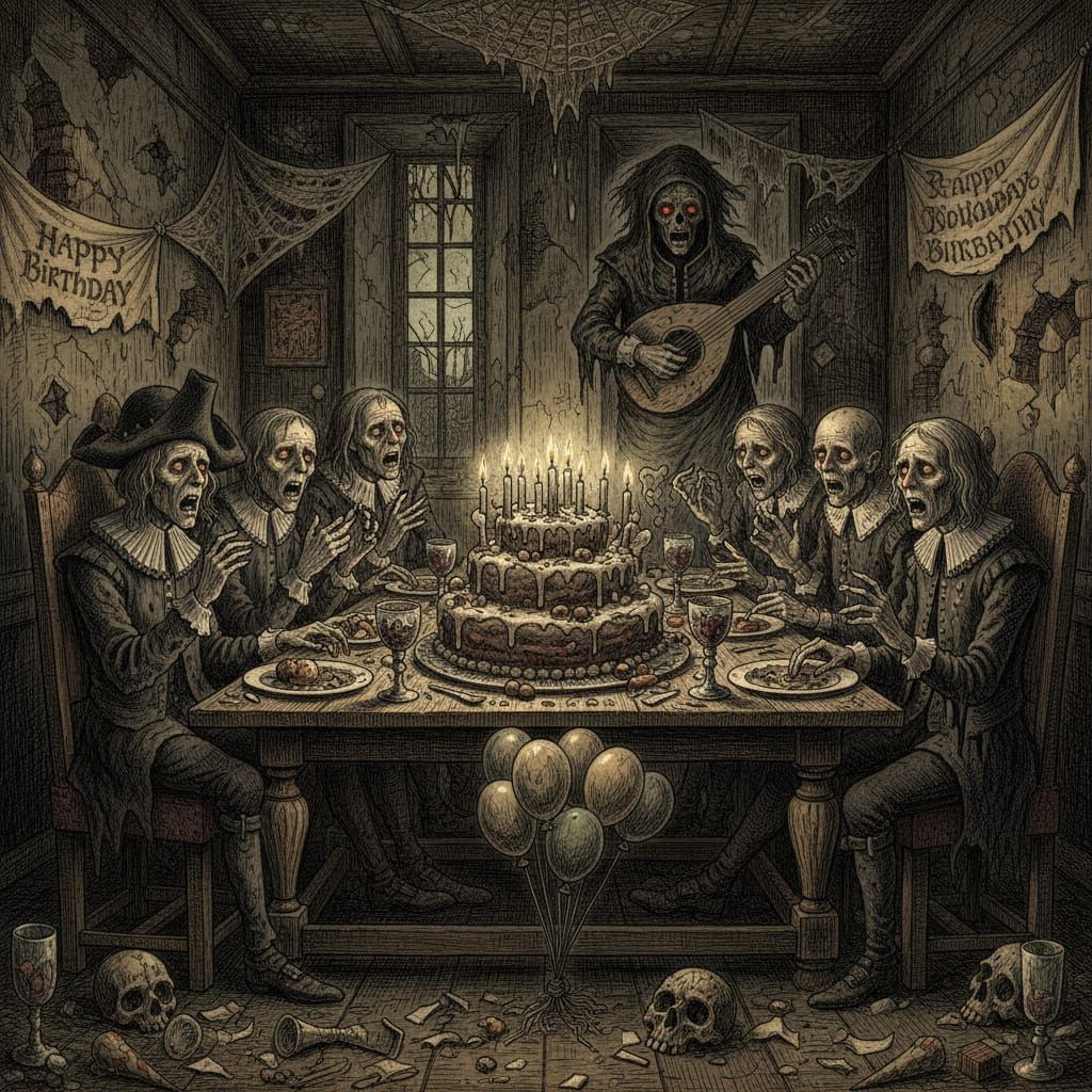 Grimdark Haunted Birthday Party in Dutch Golden Age Style