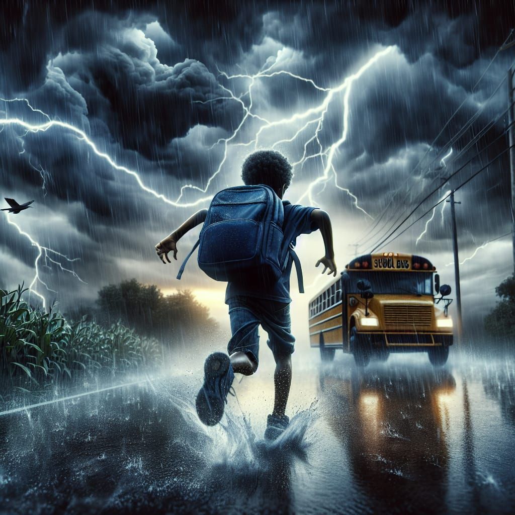 Boy Races School Bus in Stormy Weather: 8K Image