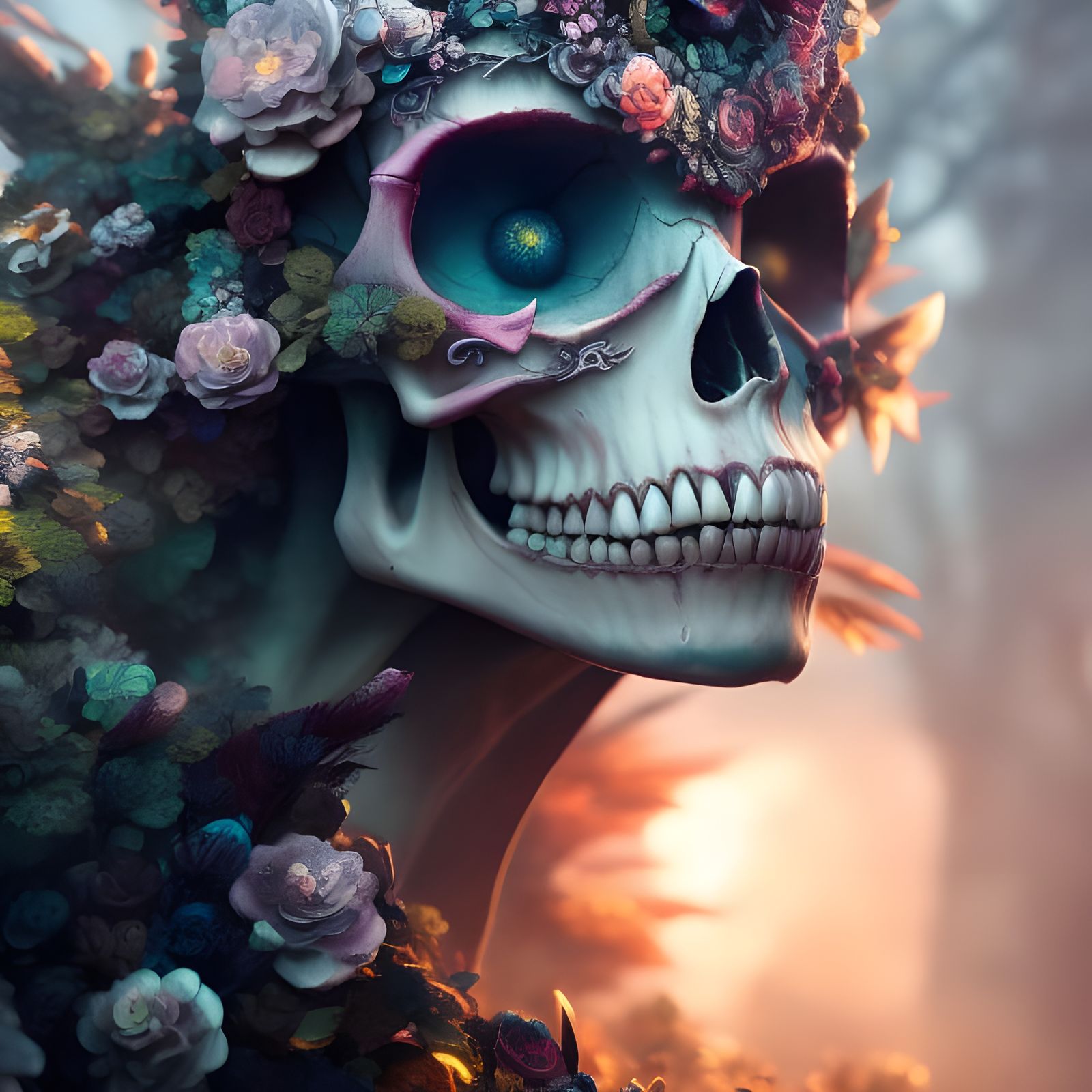 Detailed Skull in Fantasy Flower Forest