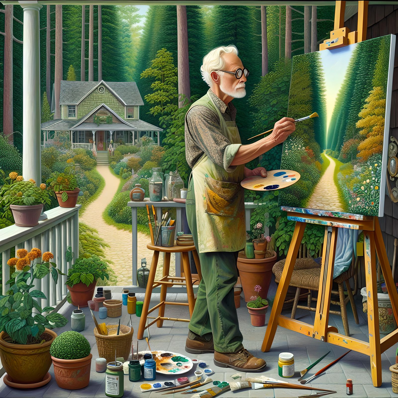Artist Painting Forest Path in Folk Art Style