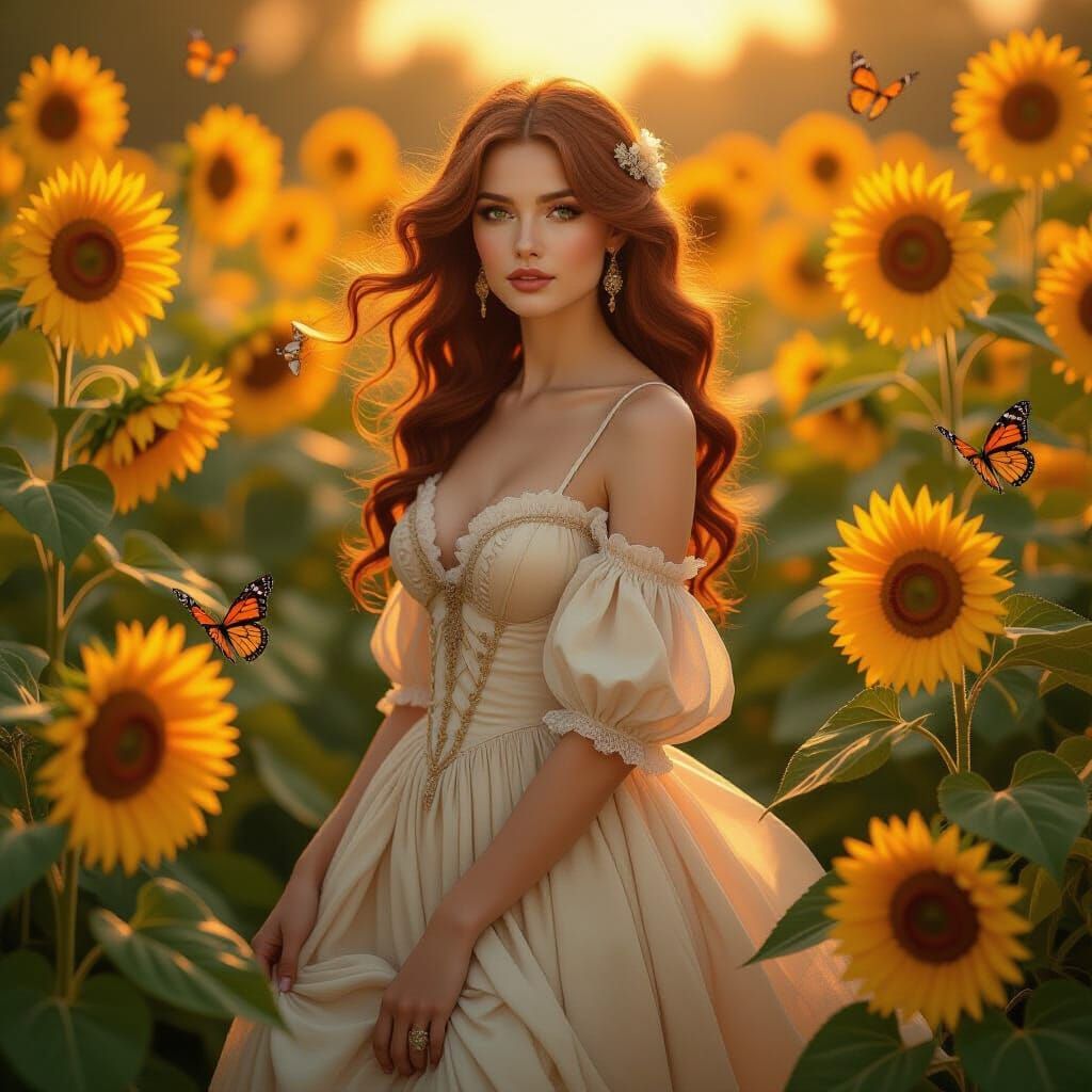 A solitary woman with flowing, auburn hair stands in a sun-drenched garden filled with vibrant sunflowers and delicate b...