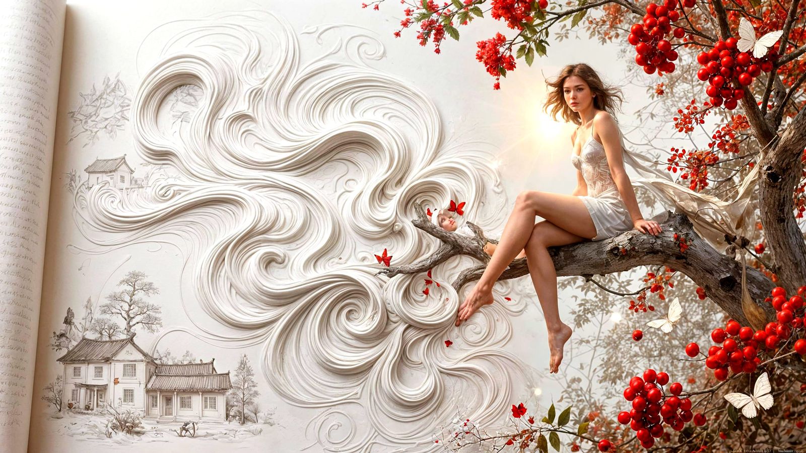 Surreal Pin-Up Girl on Tree Branch with Blood Drops