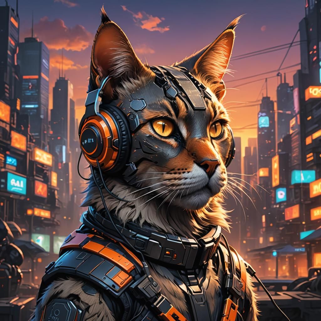 Cyberpunk Cat in Anime-Inspired Digital Illustration