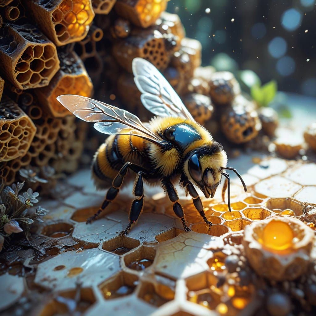 Sleepy Bumblebee on Honeycomb in Watercolor Style